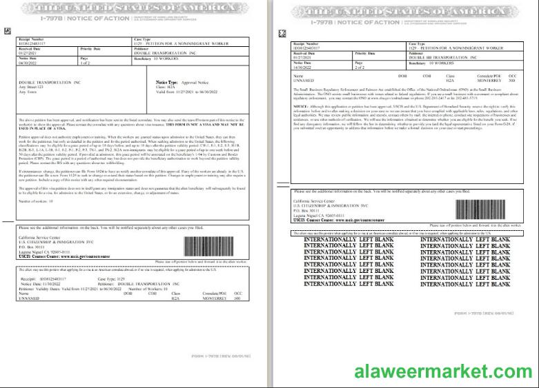 USA Form I-797B, Notice of Action template in Word and PDF format (2 pages)
